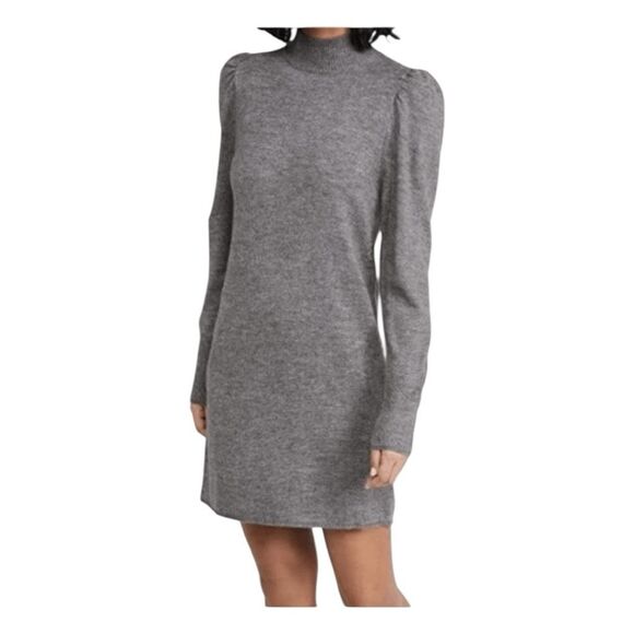 WAYF Lola Puff Sleeve Sweater Dress Gray Knit Mini Mock Neck Pull-Over S - Picture 1 of 12